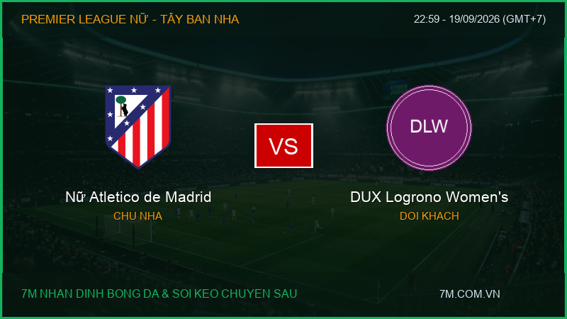 Phân tích, soi kèo Nữ Atletico de Madrid vs DUX Logrono Women’s (22:59 ngày 19/09/2026): Cơ hội bứt phá